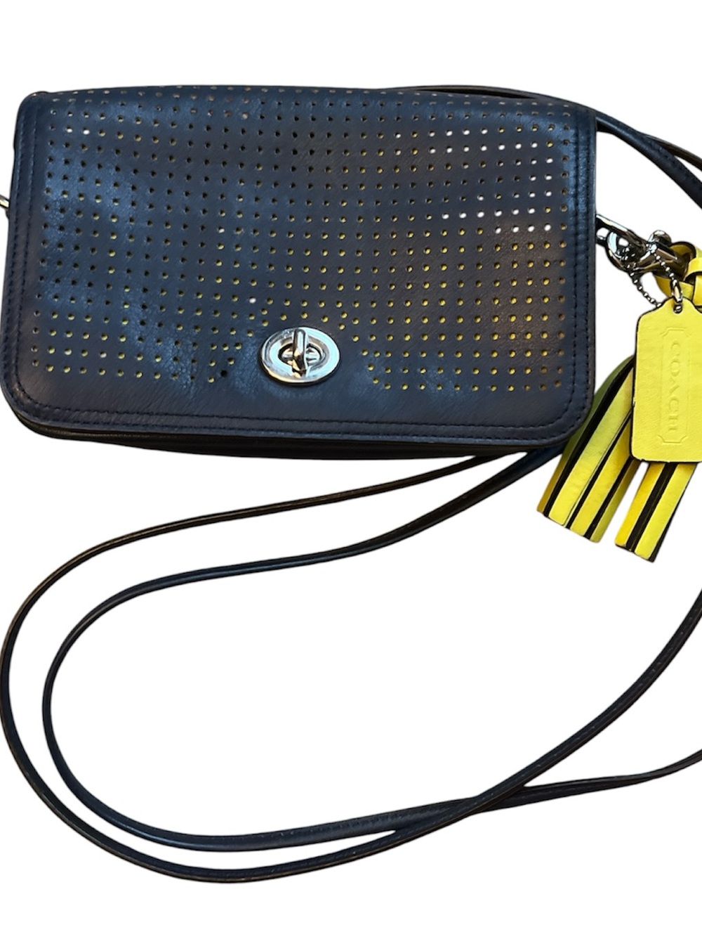 Coach Navy Perforated Leather Penny Crossbody with Tassel Charm